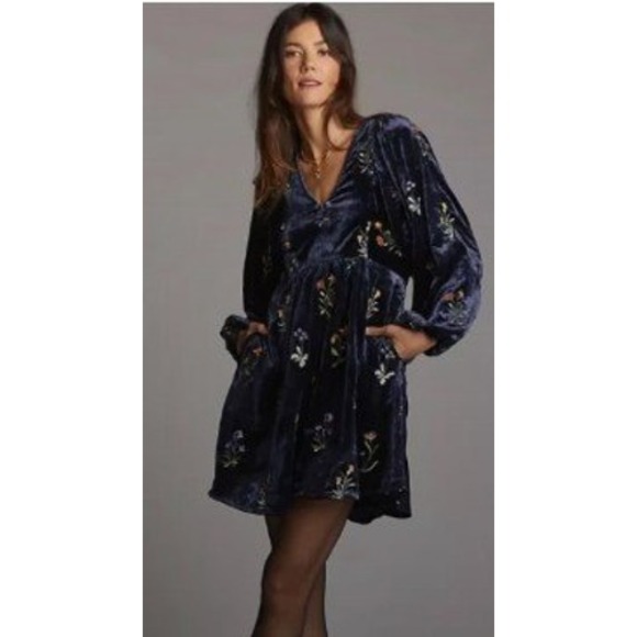 Anthropologie Dresses & Skirts - Anthropologie Embroidered Shimmer Velvet Floral Mini Dress Navy Blue XL